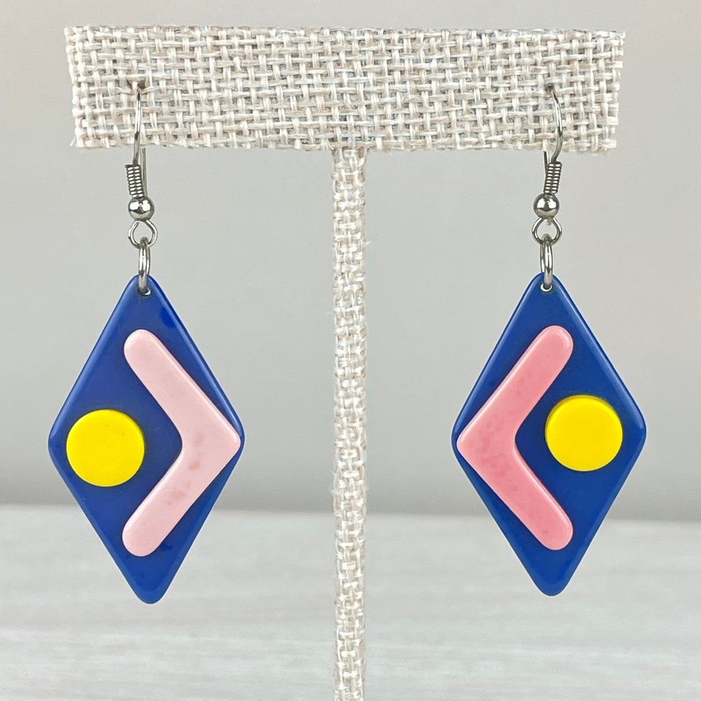 Vintage 80s Blue Pink Acrylic Dangle Mod Retro Valley Girl Festival‎ Geometric